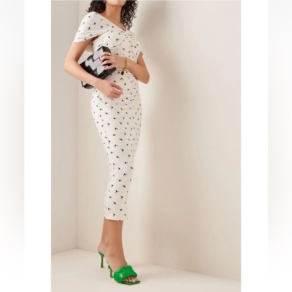 Self-Portrait Ivory Polka Print Jersey Off the Shoulder Midi Dress 6 NWT